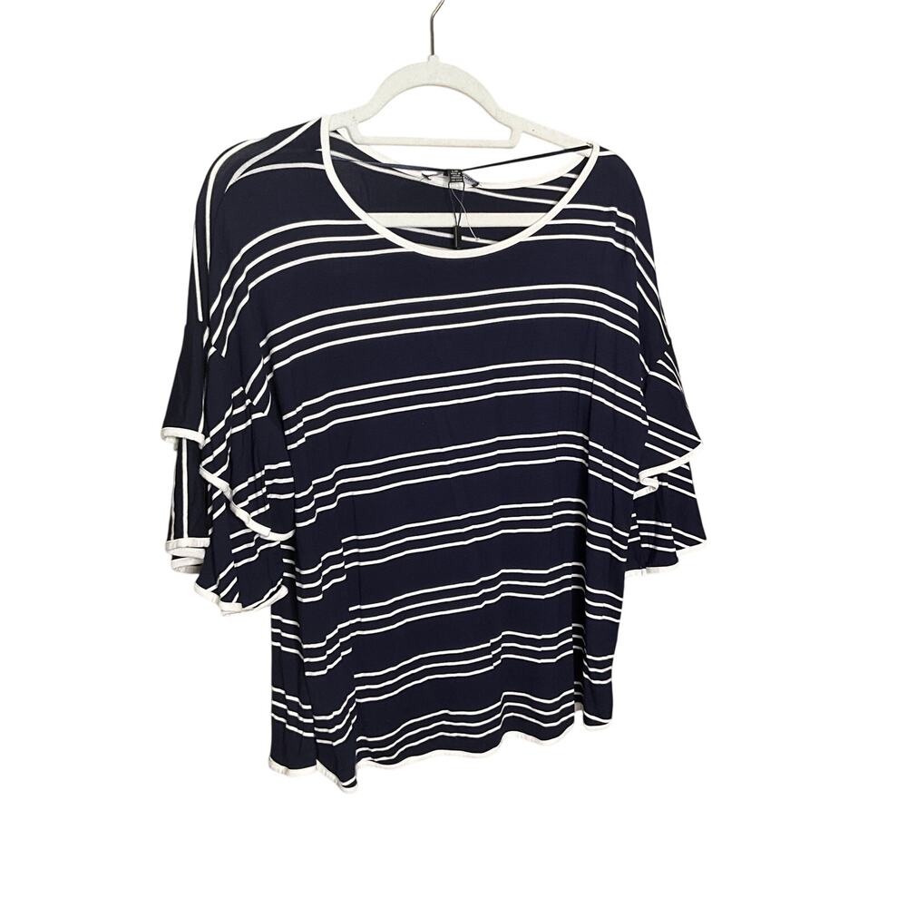 Cable & Gauge Shirt Top Women Large Blue White Striped Flutter Sleeve Round Neck